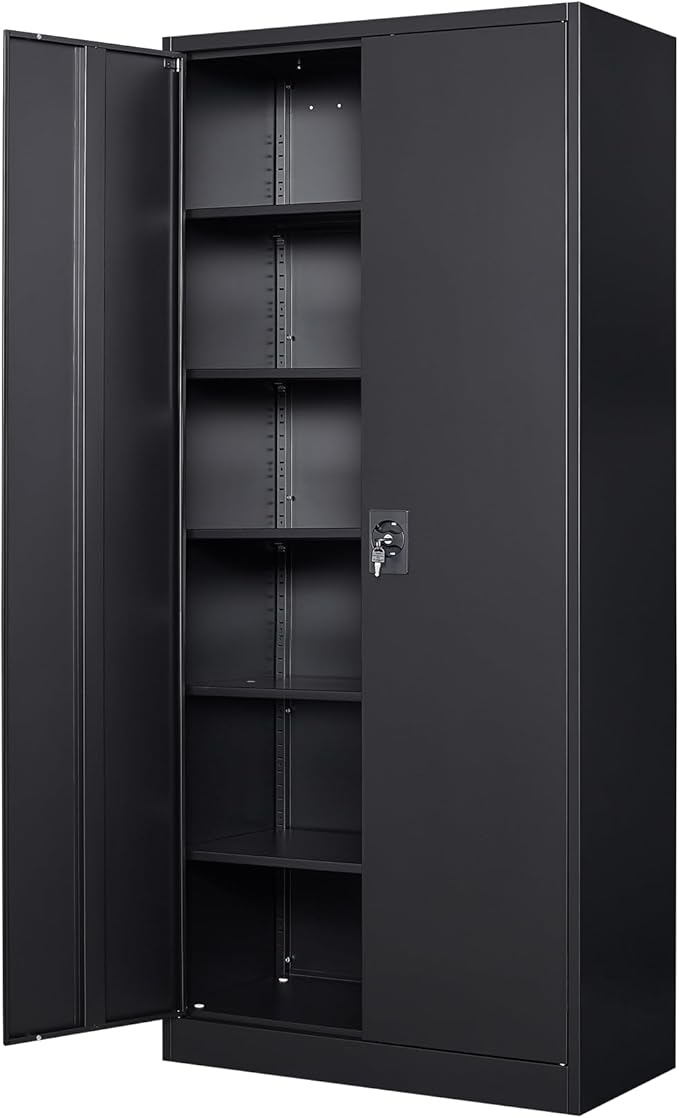 MIIIKO Black Metal Cabinet with Doors and Shelves, 72" Tall Steel Cabinet for Storage with 5 Shelves, Locking 2 Door Garage Shelving Cabinets Heavy Duty, Home Office Storage Organizer