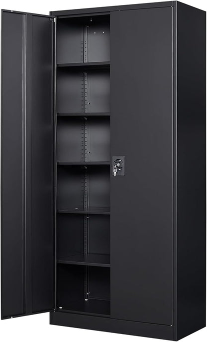 MIIIKO Black Metal Cabinet with Doors and Shelves, 72" Tall Steel Cabinet for Storage with 5 Shelves, Locking 2 Door Garage Shelving Cabinets Heavy Duty, Home Office Storage Organizer