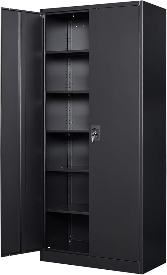 MIIIKO Black Metal Cabinet with Doors and Shelves, 72" Tall Steel Cabinet for Storage with 5 Shelves, Locking 2 Door Garage Shelving Cabinets Heavy Duty, Home Office Storage Organizer