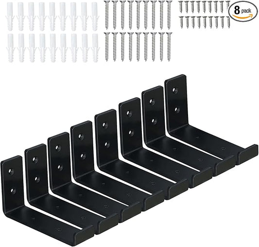 HEART ART Black Shelf Bracket 6 inch, Shelf Bracket 8 Pack,J Metal Heavy Duty Shelf Support Brackets，6.3" L×4.8" H×1.2" W