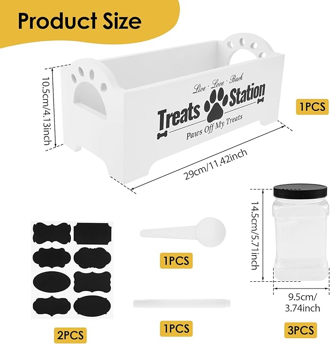 Dog Treat Container with 3 Plastic Treat Jars Wood Dog Food Container with Handles Dog Food Storage Container Decorative Cat Food Container for Dog Food Storage (White)
