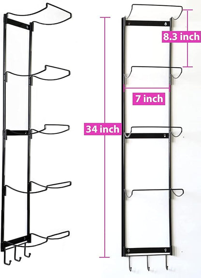 5-Tiers Yoga Mat Holder Wall Mount, Metal Storage Rack for Yoga Mat/Wheels, Foam Roller and Block etcs, Wall Rack Organizer with 3-Hooks for Hanging Stretching Strap & Resistance Bands（2 Pack）