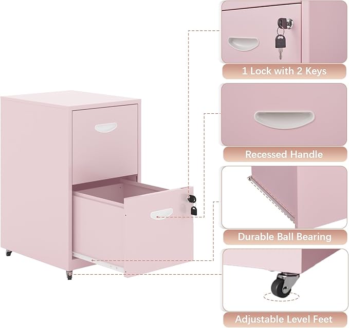 2 Drawer Rolling File Cabinet on Wheels, Mobile Two Drawer Filing Cabinet with Lock, Small Files Cabinets for Under Desk, Metal Filing Cabinets for Letter Size Folders, Pink - Assembly Required