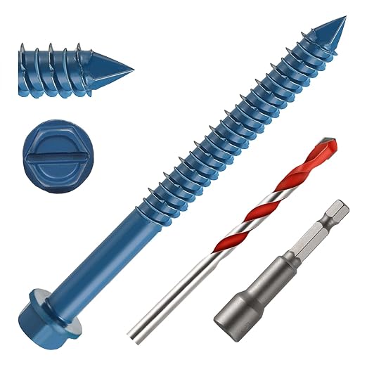 3/16" x 3-1/4" Concrete Screws, 50 PCS Blue Hex Washer Head Concrete Screws Anchor Kit with Drill Bit and Hex Bit Socket, for Masonry, Cement, Block, Brick or Stucco