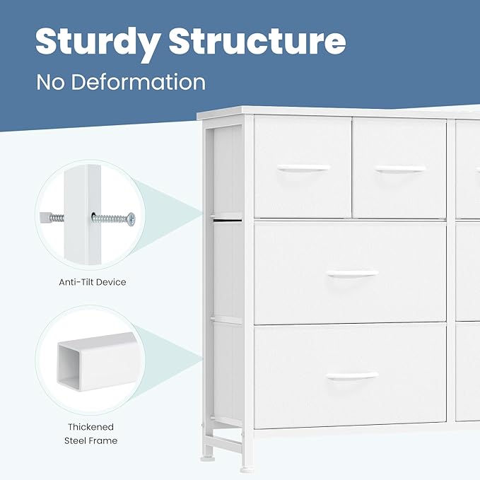 DUMOS TV Stand, Dresser with 8 Fabric Drawers, Spacious Storage Tower for Closet, TV Stand with Wood Top and Mental Frame, Storage Unit for Living Rooms, Bedroom and Entryway, White