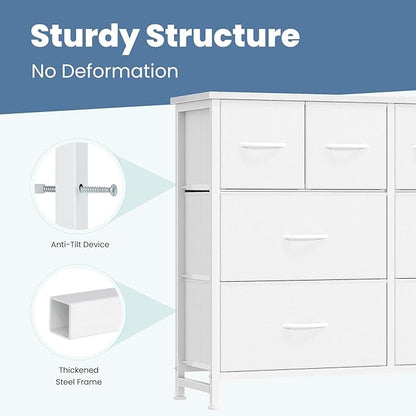 DUMOS TV Stand, Dresser with 8 Fabric Drawers, Spacious Storage Tower for Closet, TV Stand with Wood Top and Mental Frame, Storage Unit for Living Rooms, Bedroom and Entryway, White