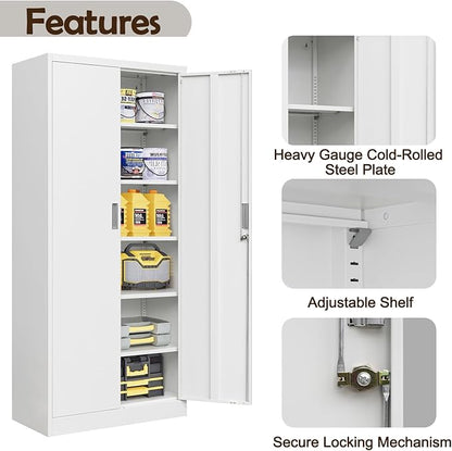 CJF Metal Storage Cabinets with 5 Adjustable Shelves, 71" H Locking Storage Cabinet for Garage, Office, School - White