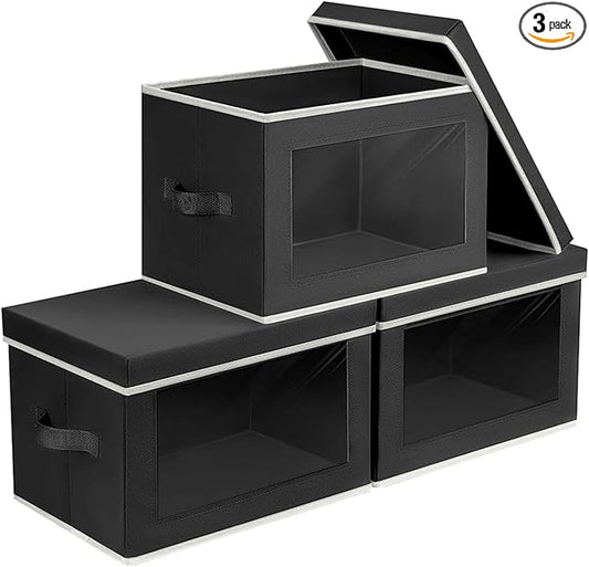 Storage Bins with Lids - Small Fabric Organizers with Window, Collapsible Storage Bins for Clothes, Decorative Closet Organizers for Towels, Tshirt, 3 Pack, Black