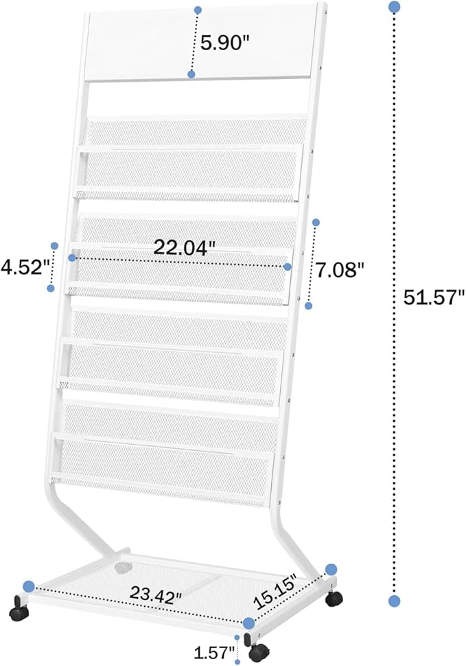 4-Tier Rolling Magazine Rack, Floor Standing Brochure & Literature Display Stand, 23.4" Wide, White