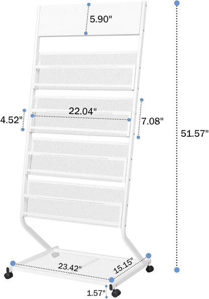 4-Tier Rolling Magazine Rack, Floor Standing Brochure & Literature Display Stand, 23.4" Wide, White