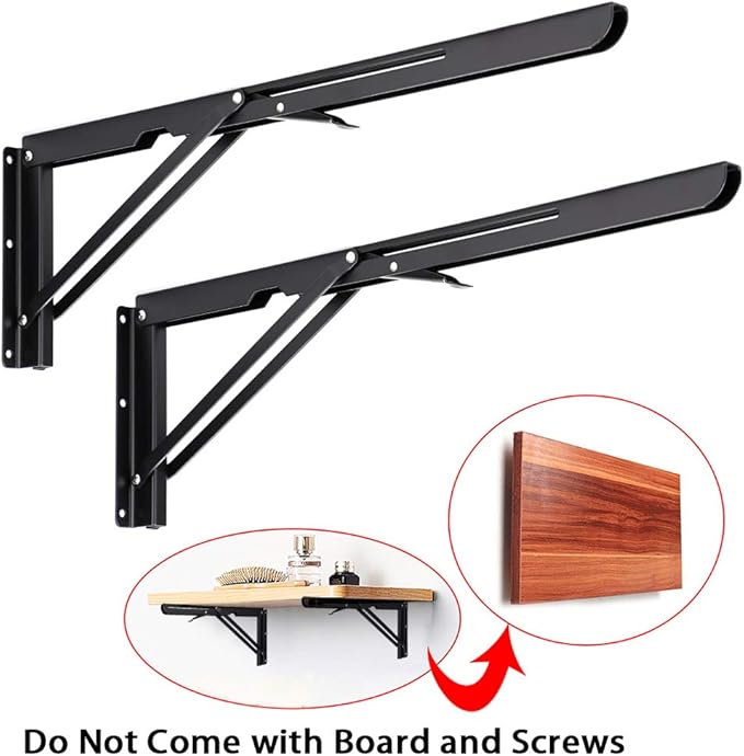 Sumnacon 2 Pcs 20 Inch Sturdy Folding Shelf Brackets - Heavy Duty Triangle Table Bench Folding Shelf Brackets, Wall Mounted Metal Folding Shelf Hinge, Black