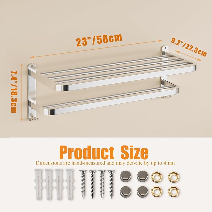 DDS-DUDES 23 Inch Bathroom Towel Rack Towel Shelf with Double Towel Bars Lavatory Wall Mount Holder with Hooks Stainless Steel Hotel Bath Rack