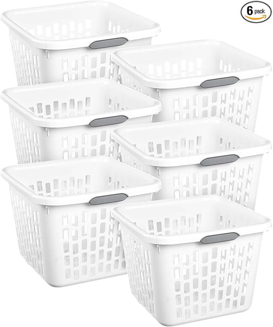 Sterilite 6-Pack 1.5 Bushel Capacity Square Laundry Basket, White – Plastic Clothes Hamper Storage with Ventilated Rectangular Holes & Large Comfort Grip Handles for Easy Carry
