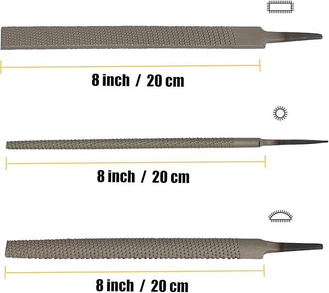 3-Piece 8" Wood Rasp File Set, Includes Flat/Half-Round/Round. For Woodworking & Sharping Wood