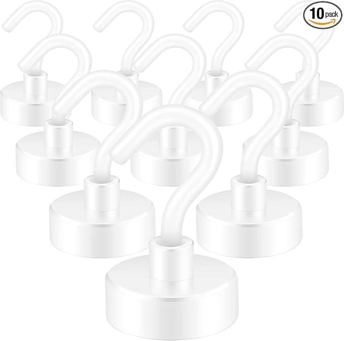 Neosmuk Magnetic Hooks, Heavy Duty 40lb+ Strong Magnet Hook for Cruise Cabins, Cruise Ship Essentials for Hanging, Metal Wall Refrigerator Hangers (White, 10 Pack)