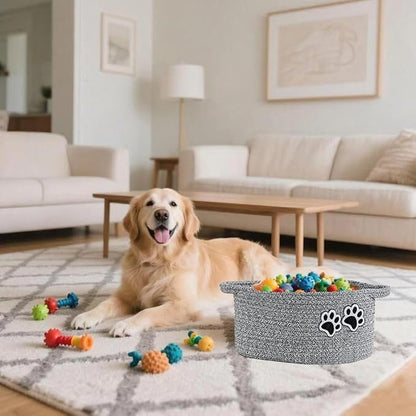 Small Woven Cotton Rope Nursery Organizer Bins, Dog Toy Basket Bins with Handle, Cute Empty Baby Gift Storage Baskets with Paw