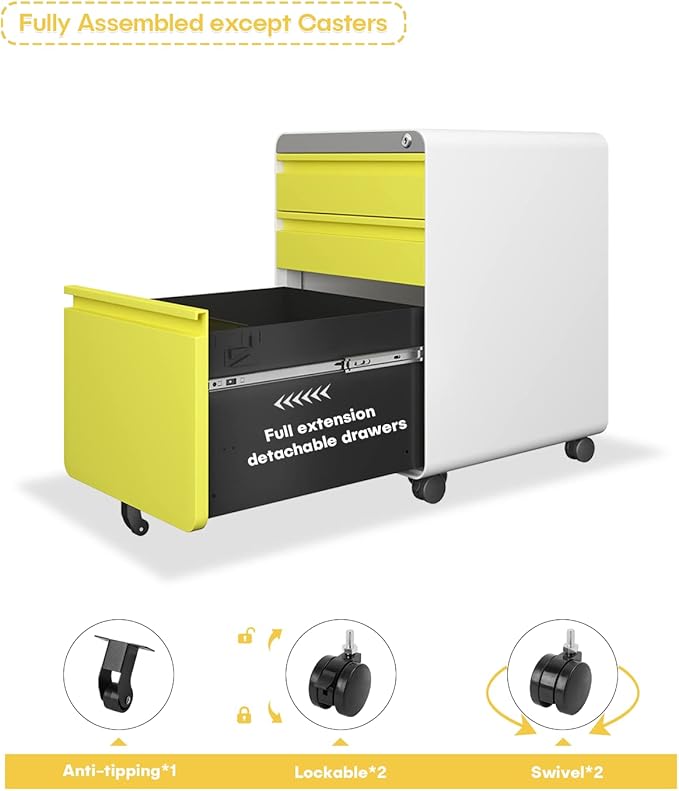 Dripex 3 Drawer File Cabinet, Metal Filing Cabinets with Lock Wheels & Hanging Rail for A4/Legal/Letter File, Anti-tilt Under Desk Design, Lockable Rolling Mobile File Cabinet for Home Office (Yellow)
