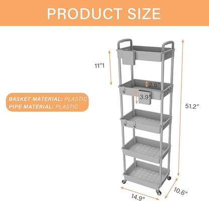 5 Tier Rolling Utility Cart with Handle,REBECAT Utility Cart Made of Multifunctional Storage Organizer Tool for Kitchen,Bathroom,Living Room,Office(Gray)