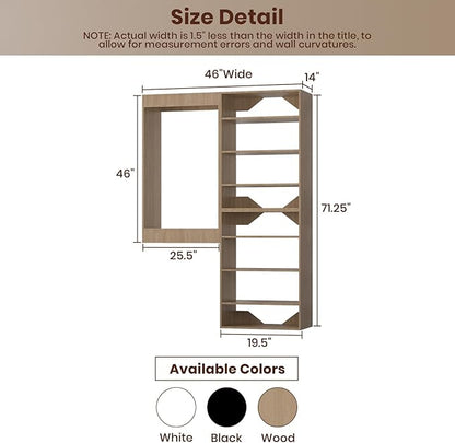 ROOMTEC Modular Closet System, 46" Wall-Mounted Closet Organizer with Hanging Rods and Shelves, Wooden Tower for Walk-In Closets, Wardrobe Storage Kit, Wood