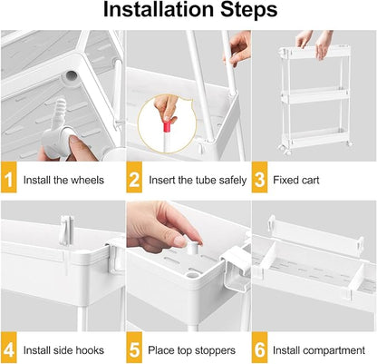 SPACELEAD Slim Storage Cart 3 Tier,Bathroom Organizer Rolling Utility, Mobile Shelving Unit Slide Out for Office, Kitchen, Laundry Room & Narrow Places,White