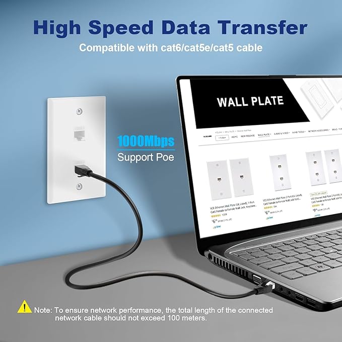 VCE 2-Port Ethernet Wall Plate (UL-Listed), CAT6 Wall Plate and Jack, RJ45 Keystone Wall Outlet with Single Gang Low Voltage Mounting Bracket, White 2-Pack