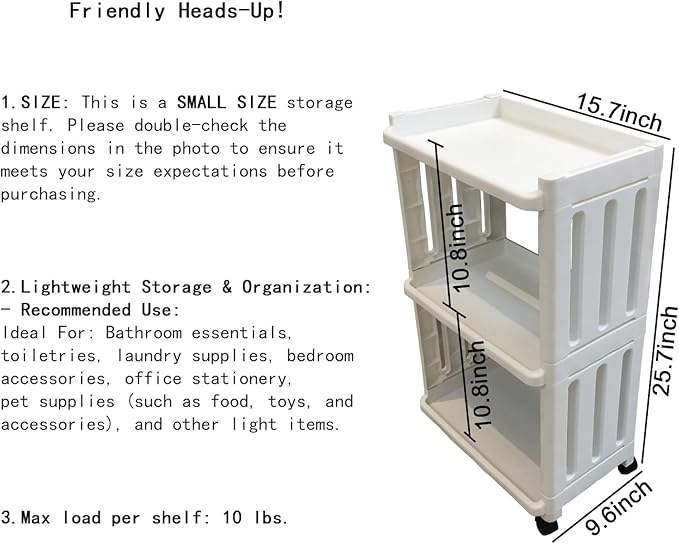 Rolling Storage Utility Cart Slim Organizer Shelf with Wheels 3 Tier Narrow Places Mobile Shelving Unit Tower Rack for Kitchen Bathroom Laundry Room Home Office Bedroom Living Room Washroom, White