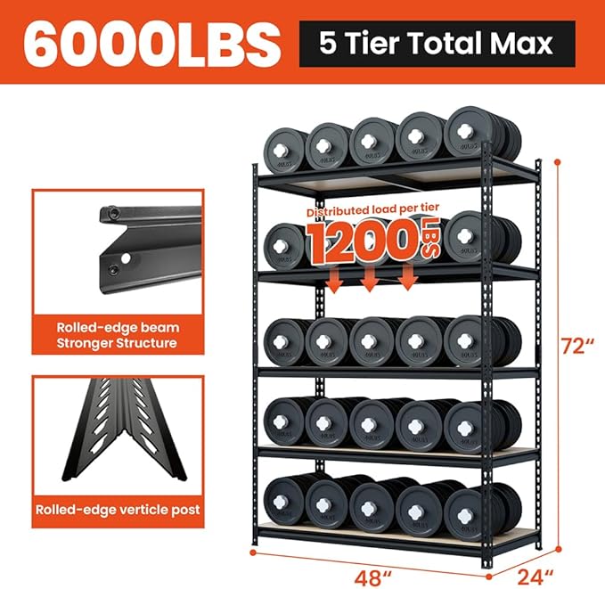 JEKOSEN Storage Shelves Garage Shelving Heavy Duty Adjustable with Particle Board,Utility Rack Shelf for Closet Pantry Basement Kitchen Warehouse,Black (48" Wx24 Dx72 H 6000Lbs)