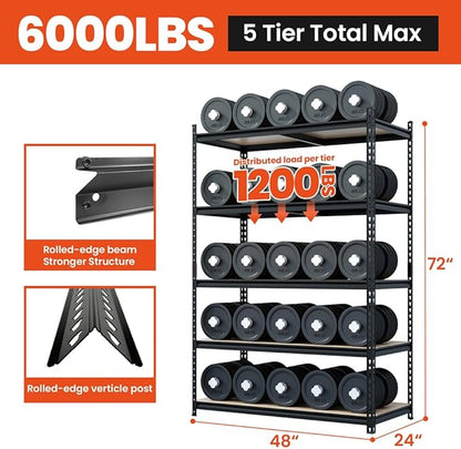 JEKOSEN Storage Shelves Garage Shelving Heavy Duty Adjustable with Particle Board,Utility Rack Shelf for Closet Pantry Basement Kitchen Warehouse,Black (48" Wx24 Dx72 H 6000Lbs)