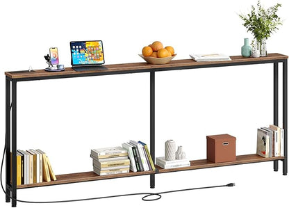 78.7" Narrow Console Table with Charging Station, Behind Couch Table with 2 AC Outlets, 1 USB and 1 Type-C Port for Hallway, Living Room, Foyer, Rustic Brown and Black TXG02UBF