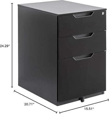 Amazon Basics 3-Drawer Mobile File Cabinet with Lock, Rolling Filing Cabinet for Hanging Files, Black, 20.71" D x 15.51" W x 24.29" H | With Lock, 3 Drawer