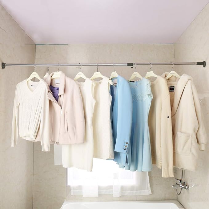BAOYOUNI Adjustable Shower Window Curtain Tension Rod Oval Head Decorative Straight Closet Wardrobe Rail Pole Bar Clothes Hanger for Bathroom Kitchen Balcony, Grey, 43.11-64.17 Inches