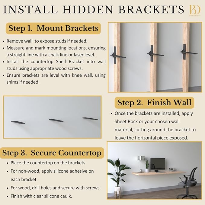 14 inch Floating Countertop Support Brackets by Balin Designs, Free hanging Floating Shelf Brackets Heavy Duty, Invisible Wall Shower Bench T Support for Vanities, Granite Countertops, (2 pack)