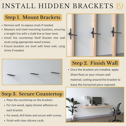 14 inch Floating Countertop Support Brackets by Balin Designs, Free hanging Floating Shelf Brackets Heavy Duty, Invisible Wall Shower Bench T Support for Vanities, Granite Countertops, (2 pack)