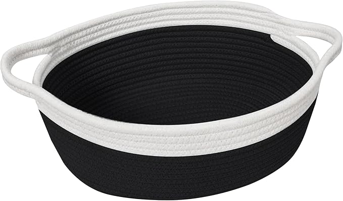 Woven Cotton Rope Gift Basket, Small Baskets for Gifts Empty, Cute Baby Nursery Basket, Pet Toy Storage Bin for Dog Cat, Decorative Wicker Home Organizer with Handles, 12"x 8"x 5", Black