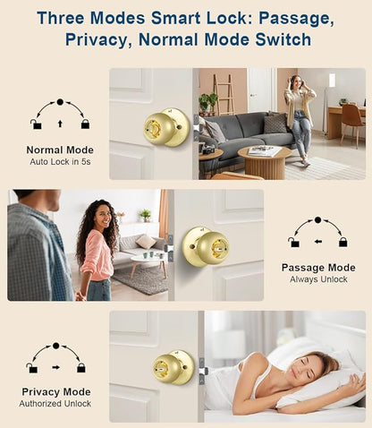Fingerprint Door Lock, Smart Fingerprint Door Knob with Keypad, Biometric Door Lock with App Control, Auto Lock Door Lock with Code, Keyless Door Knob with Lock for Bedroom, Home,Office-Brass