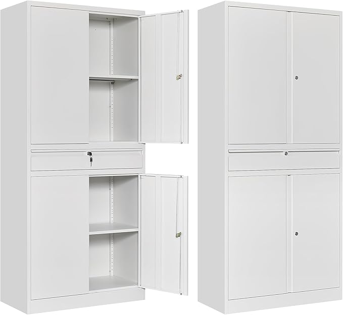 Metal Garage Storage Cabinet, 71" Lockable Storage Cabinet with 2 Adjustable Shelves and 1 Drawer for Garage, Utility Room, Warehouse (White)