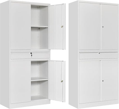 Metal Garage Storage Cabinet, 71" Lockable Storage Cabinet with 2 Adjustable Shelves and 1 Drawer for Garage, Utility Room, Warehouse (White)