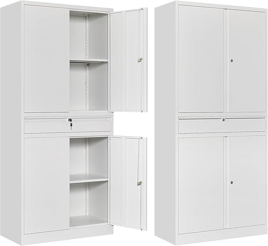 Metal Garage Storage Cabinet, 71" Lockable Storage Cabinet with 2 Adjustable Shelves and 1 Drawer for Garage, Utility Room, Warehouse (White)