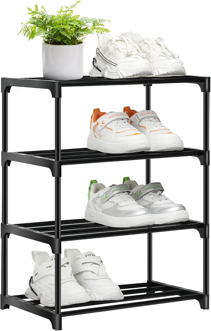 Stackable Small Shoe Rack for Closet 4 Tier, Sturdy Shoe Rack Organizer for Front Door Entrance and Entryway, Free Standing Metal Shoe Shelf Storage for Closet Bedroom Garage Black