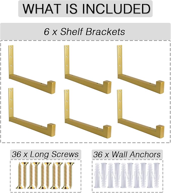 OVOV 6 Pack Heavy Duty Shelf Brackets Wall Mounted Industrial Farmhouse Floating Shelf Brackets with Lip (Gold 12")