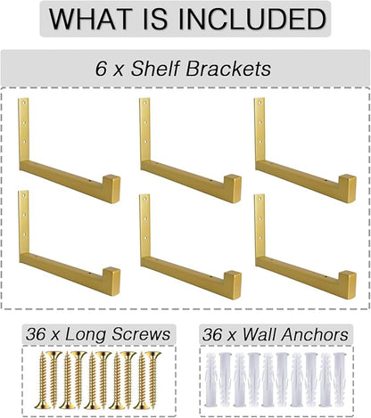 OVOV 6 Pack Heavy Duty Shelf Brackets Wall Mounted Industrial Farmhouse Floating Shelf Brackets with Lip (Gold 10")