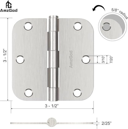Door Hinges Brushed Nickel - 48 Pack Nickel Door Hinges 3.5 Inch Rounded Interior Satin Nickel Door Hinge with 5/8" Radius - Flat Iron Residential Standard 3 1/2 Inches Silver Door Hardware