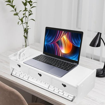 Tofficu Computer Desk Stand with Drawer, Desktop Monitor Riser with Storage, Laptop Shelf Shelves Organizer for Keyboard Storage (White)
