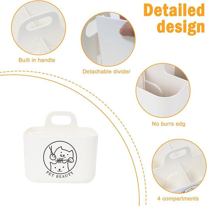Dog Storage Organizer for Grooming Supplies,4-Compartment Caddy for Dog Cat Grooming Kit,Pet Stuff Storage,Ieal for Shampoo,Trimmer,Clipper,Combo,Brush-Modern Minimalist White