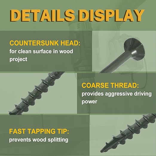LIONMAX Deck Screws 5 Inch, Wood Screws #10 x 5, 300 PCS, Rust Resistant, Exterior Epoxy Coated, Outdoor Decking Screws, Torx/Star Drive Head Screw, T25 Star Bit Included, Green