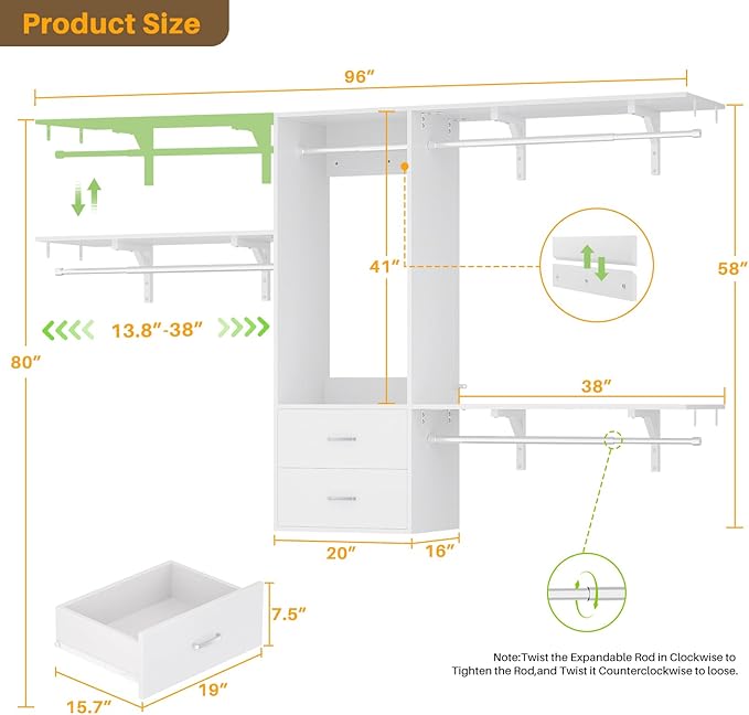 96" Closet System with 2 Wooden Drawers, 4-8ft Walk-in Closet Organizer System with 4 Hanging Rods,for Bedroom,Living Room,Garment Rack,White