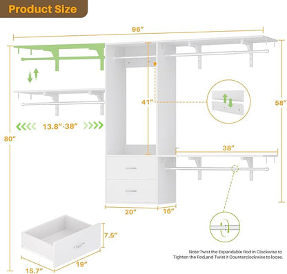 96" Closet System with 2 Wooden Drawers, 4-8ft Walk-in Closet Organizer System with 4 Hanging Rods,for Bedroom,Living Room,Garment Rack,White