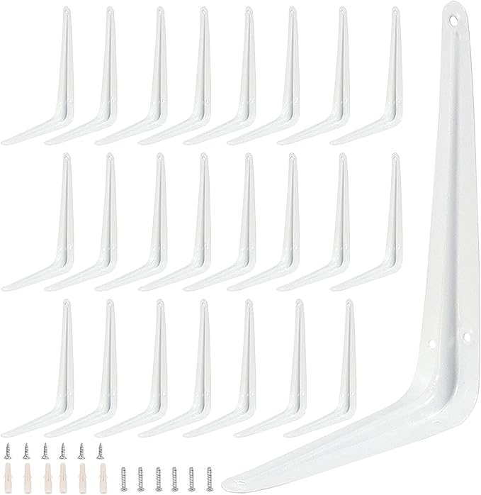 ZOENHOU 24 Pack 8 x 10 Inch White Shelf Brackets, Heavy Duty L Bracket Support with 144 Screws and 72 Expansion Tubes, Metal Wall Corner Angle Shelving Shelf Bracket for Wall Hanging Shelves