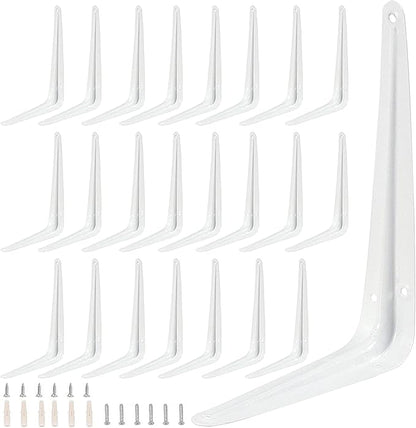 ZOENHOU 24 Pack 8 x 10 Inch White Shelf Brackets, Heavy Duty L Bracket Support with 144 Screws and 72 Expansion Tubes, Metal Wall Corner Angle Shelving Shelf Bracket for Wall Hanging Shelves