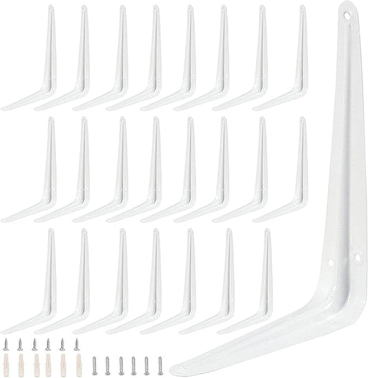 ZOENHOU 24 Pack 8 x 10 Inch White Shelf Brackets, Heavy Duty L Bracket Support with 144 Screws and 72 Expansion Tubes, Metal Wall Corner Angle Shelving Shelf Bracket for Wall Hanging Shelves